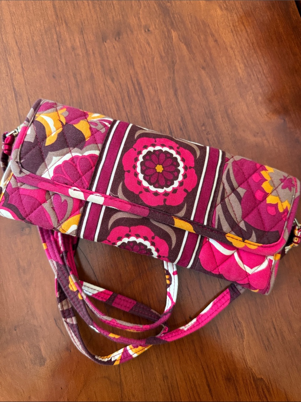 Vera Bradley Quilted Floral Crossbody Clutch in Magenta and Brown Floral